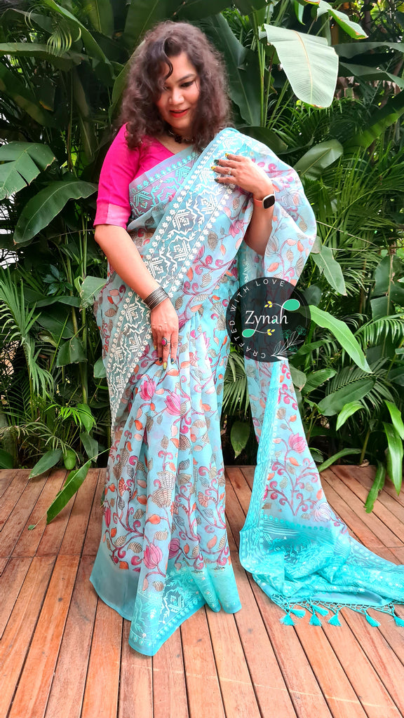 Zynah Pure Organza Silk Kalamkari Saree with Dhakai Jamdhani Thread Embroidery; Custom Stitched/Ready-made Blouse, Fall, Petticoat; Shipping available USA, Worldwide