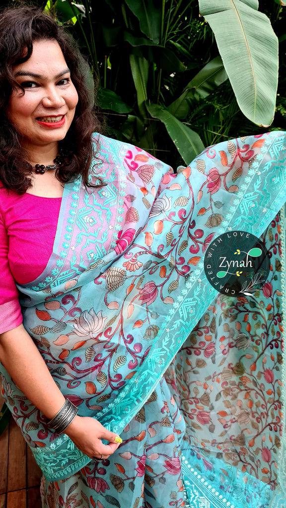 Zynah Pure Organza Silk Kalamkari Saree with Dhakai Jamdhani Thread Embroidery; Custom Stitched/Ready-made Blouse, Fall, Petticoat; Shipping available USA, Worldwide
