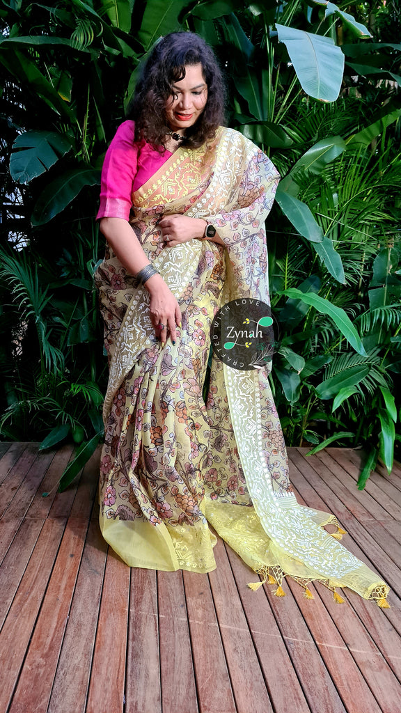 Zynah Pure Organza Silk Kalamkari Saree with Dhakai Jamdhani Thread Embroidery; Custom Stitched/Ready-made Blouse, Fall, Petticoat; Shipping available USA, Worldwide