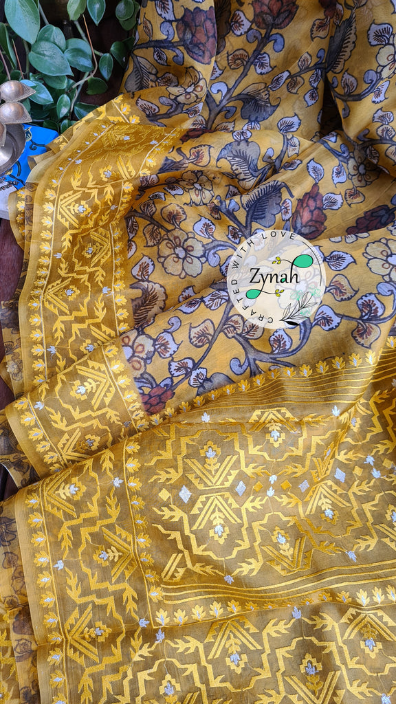 Zynah Pure Organza Silk Kalamkari Saree with Dhakai Jamdhani Thread Embroidery; Custom Stitched/Ready-made Blouse, Fall, Petticoat; Shipping available USA, Worldwide