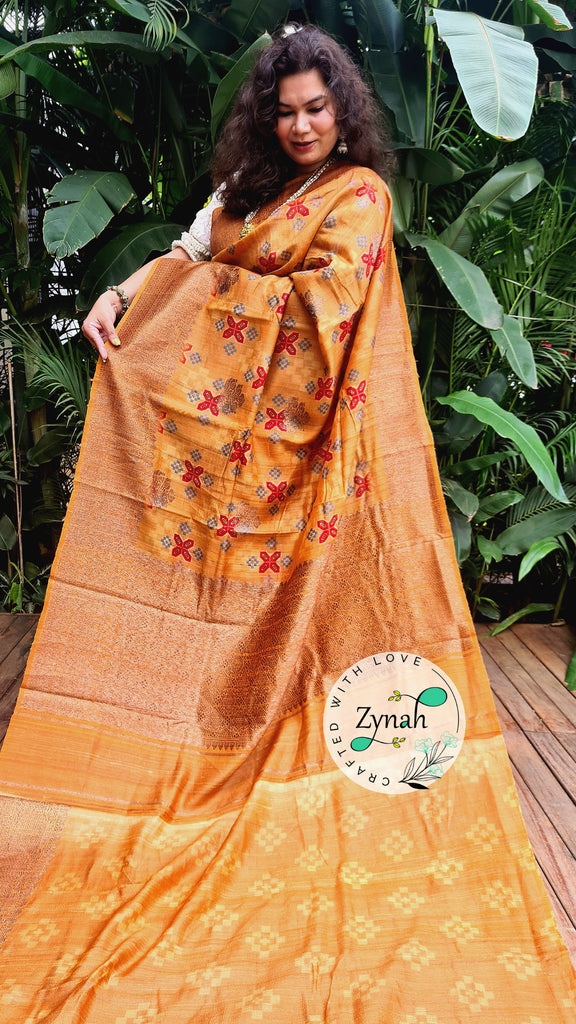 Zynah Pure Tussar Silk Banarasi Patan Patola inspired Saree with Antique zari weave; Custom Stitched/Ready-made Blouse, Fall, Petticoat; Shipping available USA, Worldwide