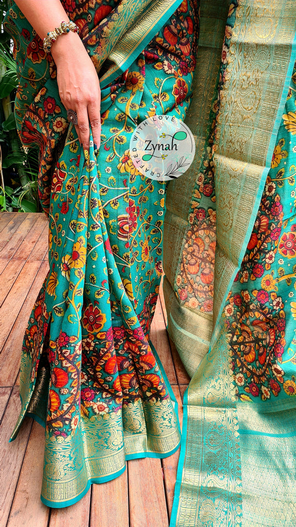 Zynah Pure Tussar Silk Banarasi Kalamkari Saree with Antique zari weave; Custom Stitched/Ready-made Blouse, Fall, Petticoat; Shipping available USA, Worldwide
