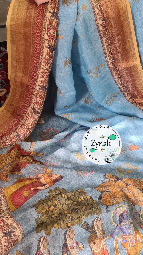 Zynah Organic Pure Linen by Linen(120c) Saree with Digital Kalamkari Prints; Custom Stitched/Ready-made Blouse, Fall, Petticoat; Shipping available USA, Worldwide