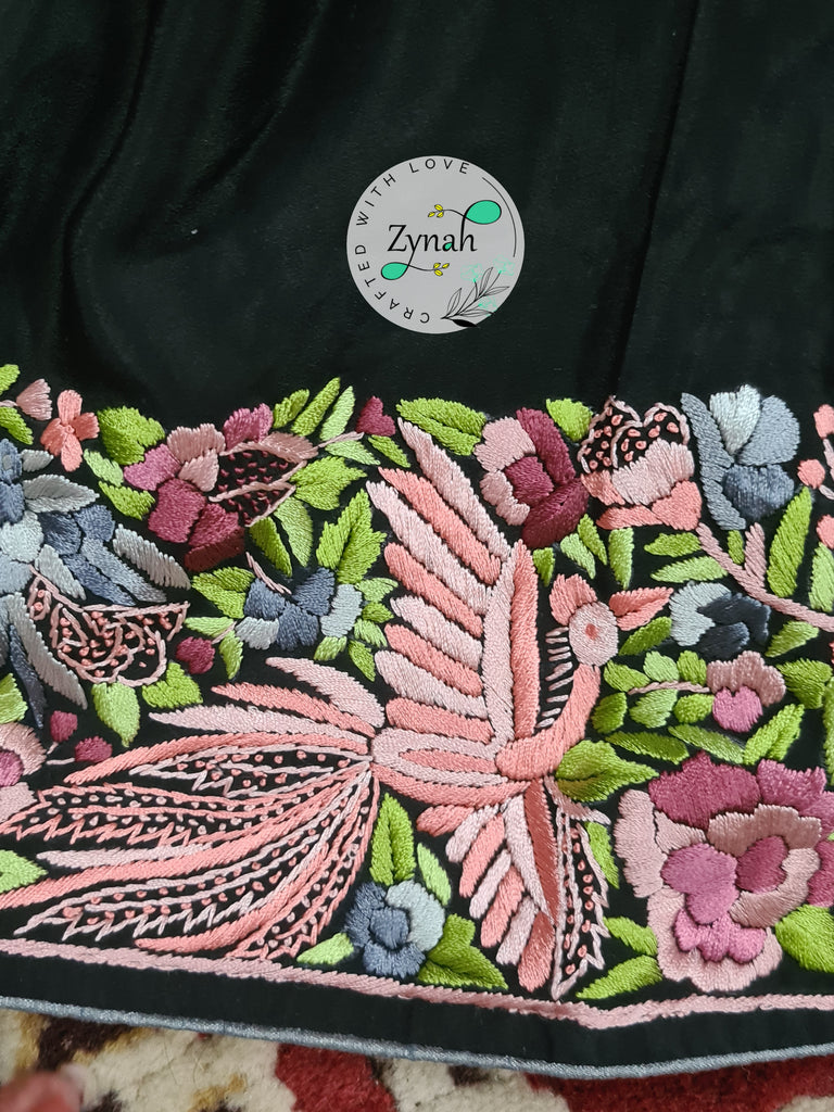 Zynah Made to Order Black Pure Crepe Silk Parsi Gara Handcrafted Saree; Custom Stitched/Ready-made Blouse, Fall, Petticoat; Shipping available USA, Worldwide