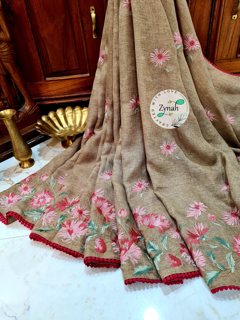 Zynah Pure Jute Muslin Embroidery Saree with Crochet lace; Custom Stitched/Ready-made Blouse, Fall, Petticoat; Shipping available USA, Worldwide