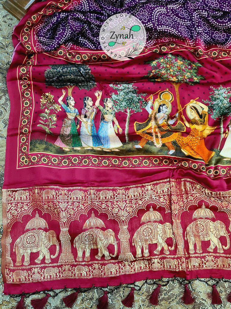 Zynah Pure Gajji Silk Saree with Bandhani & Pichwai Prints, Amdavadi Pallu; Custom Stitched/Ready-made Blouse, Fall, Petticoat; Shipping available USA, Worldwide