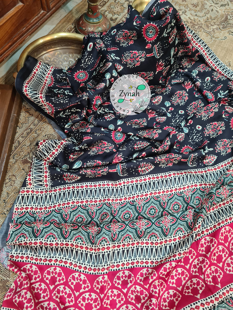 Zynah Pure Gajji Silk Ajrakh Saree with tissue zari pallu & Handblock Printed; Custom Stitched/Ready-made Blouse, Fall, Petticoat; Shipping available USA, Worldwide