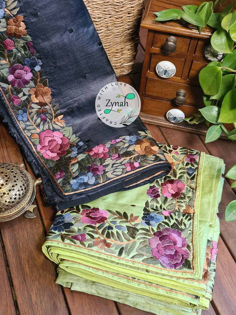 Zynah Pure Tussar Silk Parsi Gara Handcrafted Saree; Custom Stitched/Ready-made Blouse, Fall, Petticoat; Shipping available USA, Worldwide
