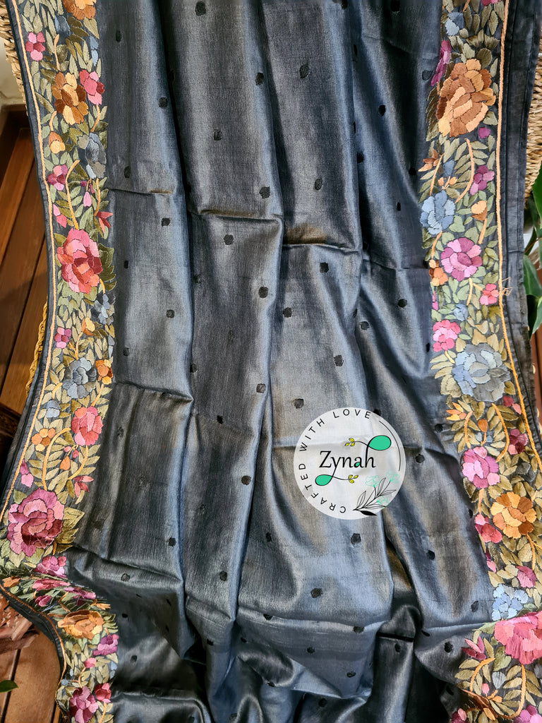 Zynah Made to Order Pure Tussar Silk Parsi Gara Handcrafted Saree; Custom Stitched/Ready-made Blouse, Fall, Petticoat; Shipping available USA, Worldwide