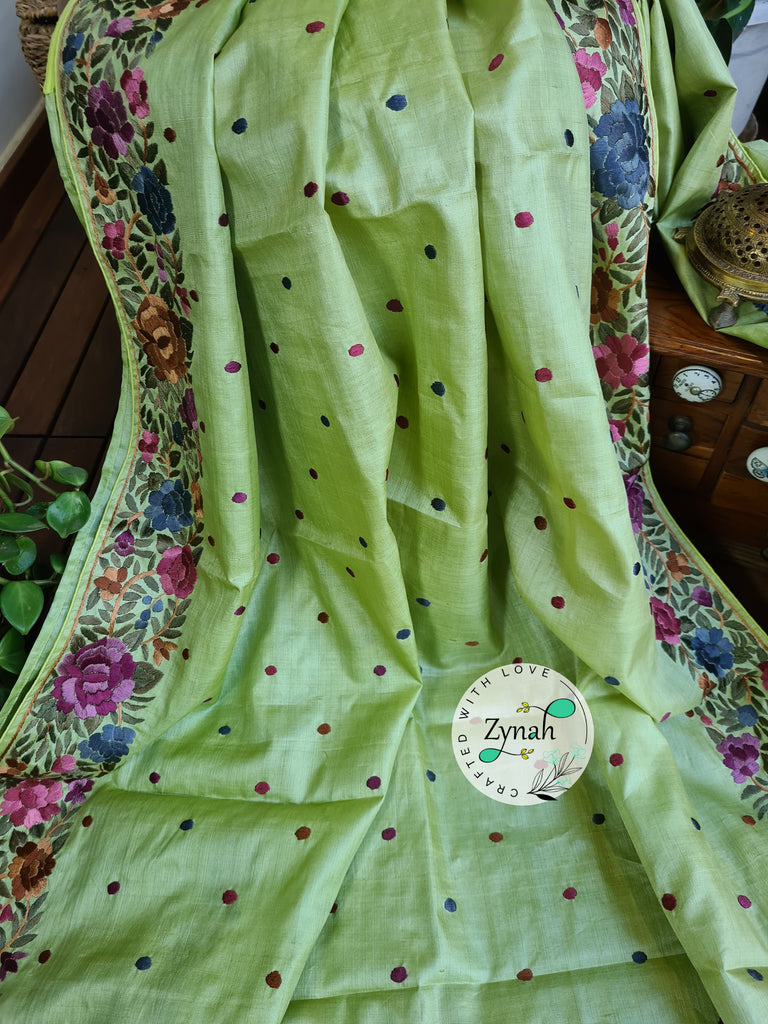 Zynah Pure Tussar Silk Parsi Gara Handcrafted Saree; Custom Stitched/Ready-made Blouse, Fall, Petticoat; Shipping available USA, Worldwide