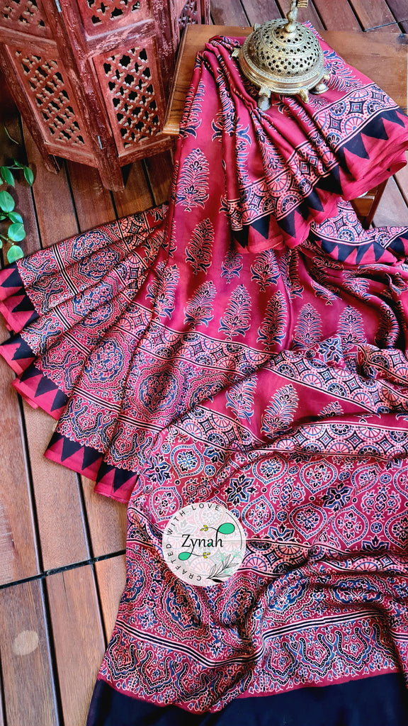 Zynah Pure Modal Silk Ajrakh Saree with Handblock Prints; Custom Stitched/Ready-made Blouse, Fall, Petticoat; Shipping available USA, Worldwide