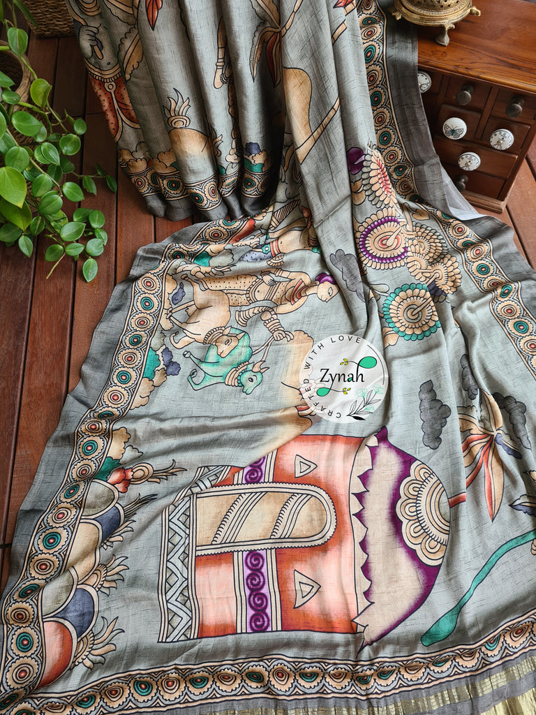 Zynah Pure Gajji Silk Tribal Kalamkari Printed Saree with Tissue Zari Pallu; Custom Stitched/Ready-made Blouse, Fall, Petticoat; Shipping available USA, Worldwide