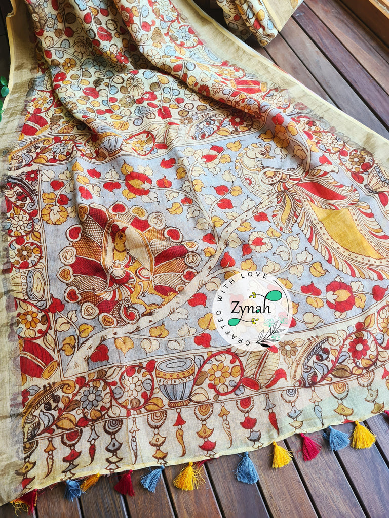 Zynah Kalamkari Organic Lab Tested 120 Count pure 'Linen by Linen' Saree; Custom Stitched/Ready-made Blouse, Fall, Petticoat; Shipping available USA, Worldwide