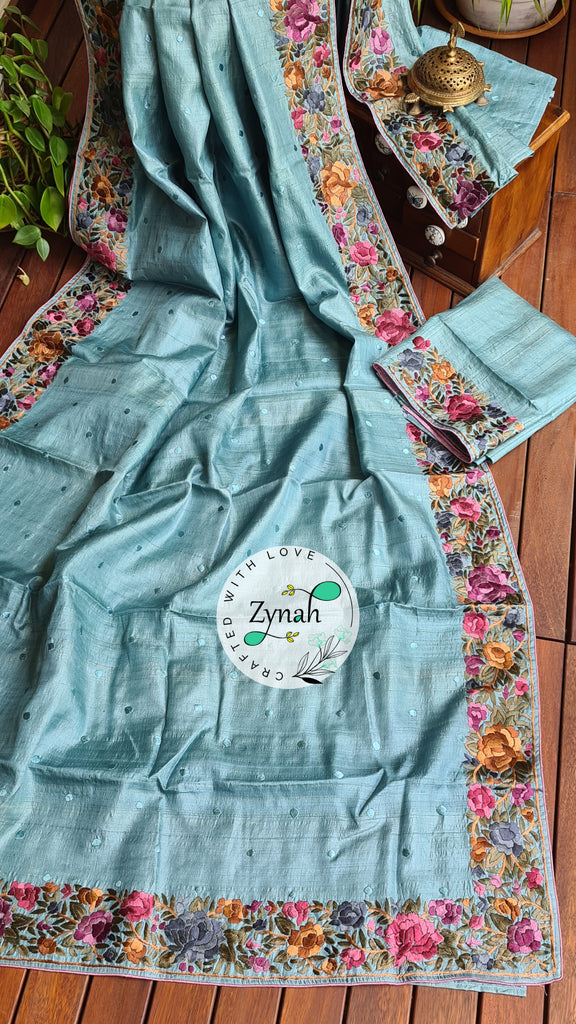 Zynah Made to Order Pure Tussar Silk Parsi Gara Handcrafted Saree; Custom Stitched/Ready-made Blouse, Fall, Petticoat; Shipping available USA, Worldwide