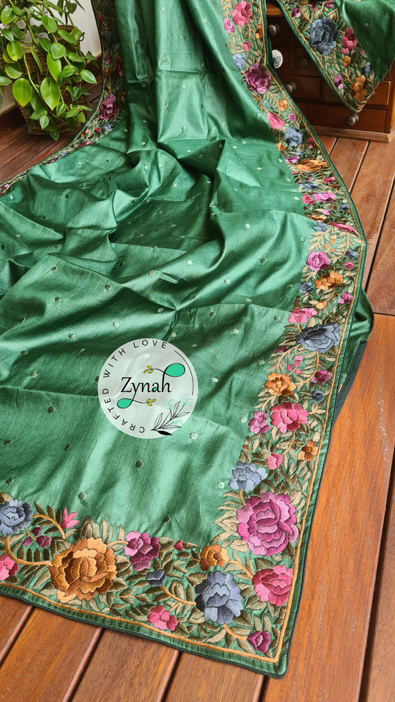 Zynah Made to Order Pure Tussar Silk Parsi Gara Handcrafted Saree; Custom Stitched/Ready-made Blouse, Fall, Petticoat; Shipping available USA, Worldwide