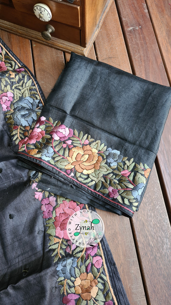 Zynah Made to Order Pure Tussar Silk Parsi Gara Handcrafted Saree; Custom Stitched/Ready-made Blouse, Fall, Petticoat; Shipping available USA, Worldwide