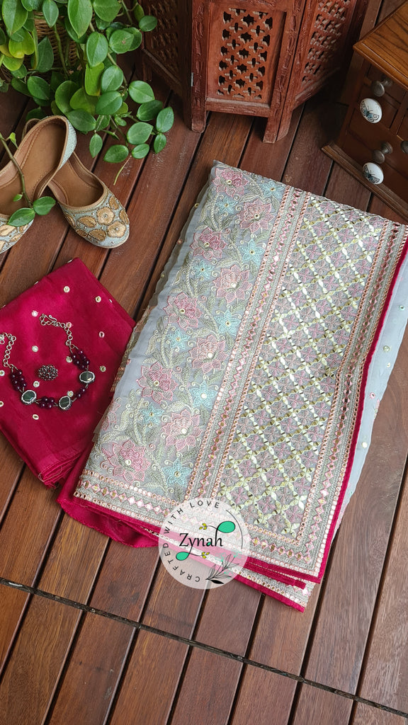 Zynah Pure Organza Silk Saree with Foil Mirror Work & Thread Embroidery; Custom Stitched/Ready-made Blouse, Fall, Petticoat; Shipping available USA, Worldwide