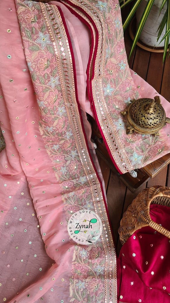 Zynah Pure Organza Silk Saree with Foil Mirror Work & Thread Embroidery; Custom Stitched/Ready-made Blouse, Fall, Petticoat; Shipping available USA, Worldwide