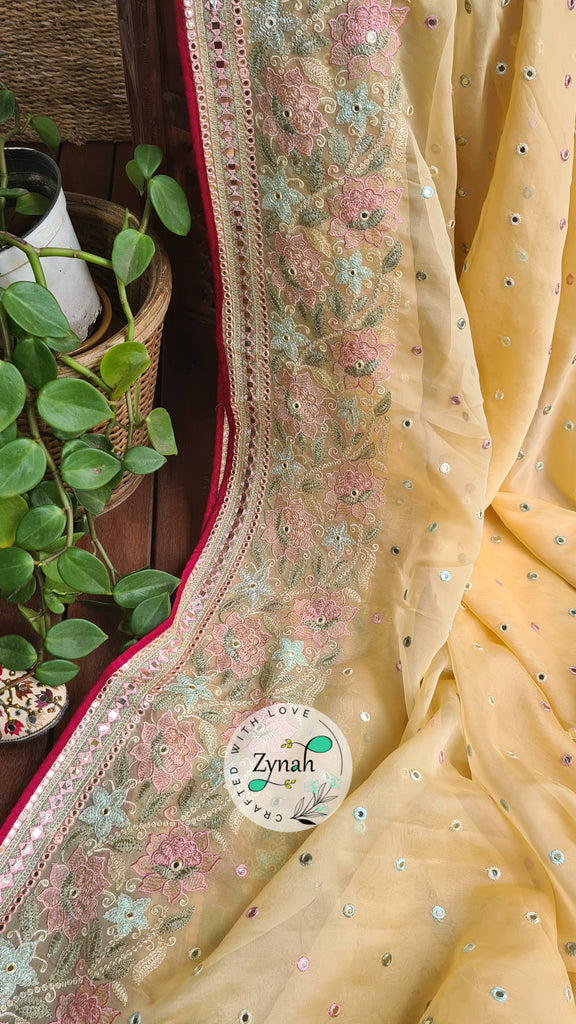Zynah Pure Organza Silk Saree with Foil Mirror Work & Thread Embroidery; Custom Stitched/Ready-made Blouse, Fall, Petticoat; Shipping available USA, Worldwide