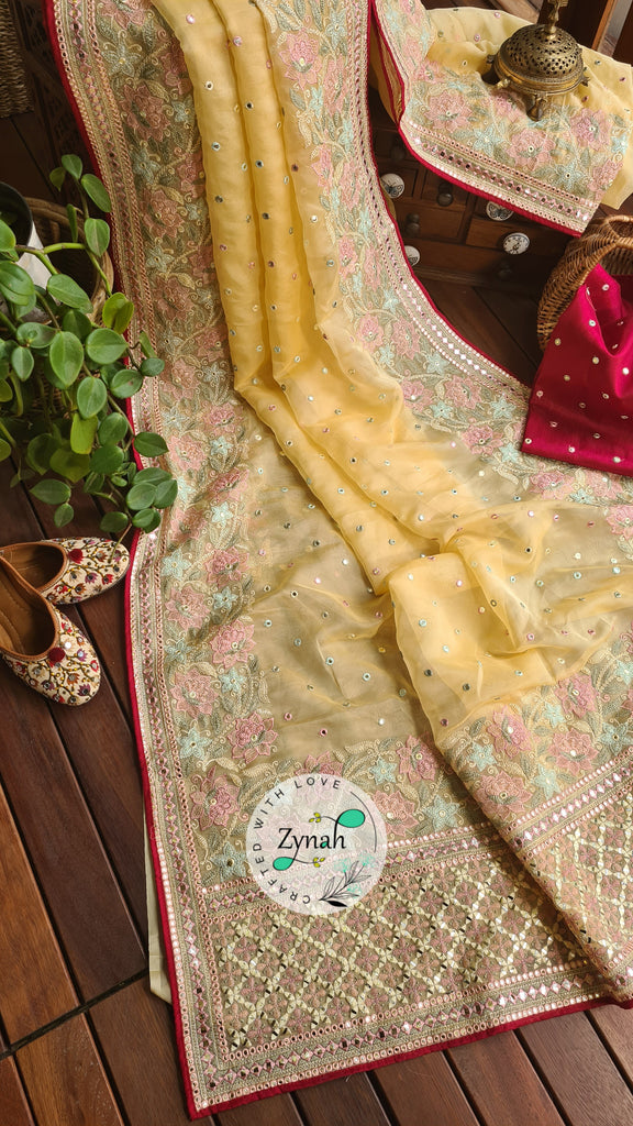 Zynah Pure Organza Silk Saree with Foil Mirror Work & Thread Embroidery; Custom Stitched/Ready-made Blouse, Fall, Petticoat; Shipping available USA, Worldwide