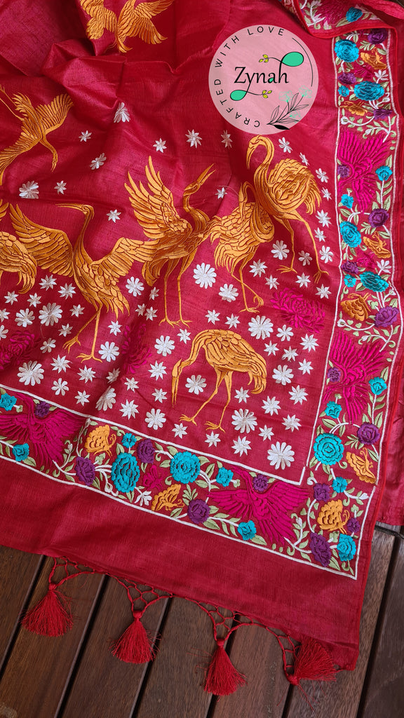 Zynah Pure Tussar Silk Parsi work Inspired Saree, Flamingo Bird Motifs; Custom Stitched/Ready-made Blouse, Fall, Petticoat; Shipping available USA, Worldwide