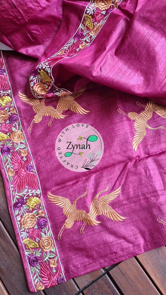 Zynah Pure Tussar Silk Parsi work Inspired Saree, Flamingo Bird Motifs; Custom Stitched/Ready-made Blouse, Fall, Petticoat; Shipping available USA, Worldwide
