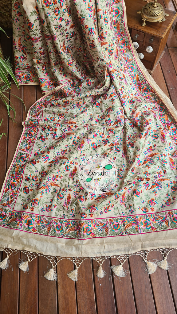 Zynah Pure Tussar Silk Parsi work Inspired Saree, Flamingo Bird Motifs; Custom Stitched/Ready-made Blouse, Fall, Petticoat; Shipping available USA, Worldwide