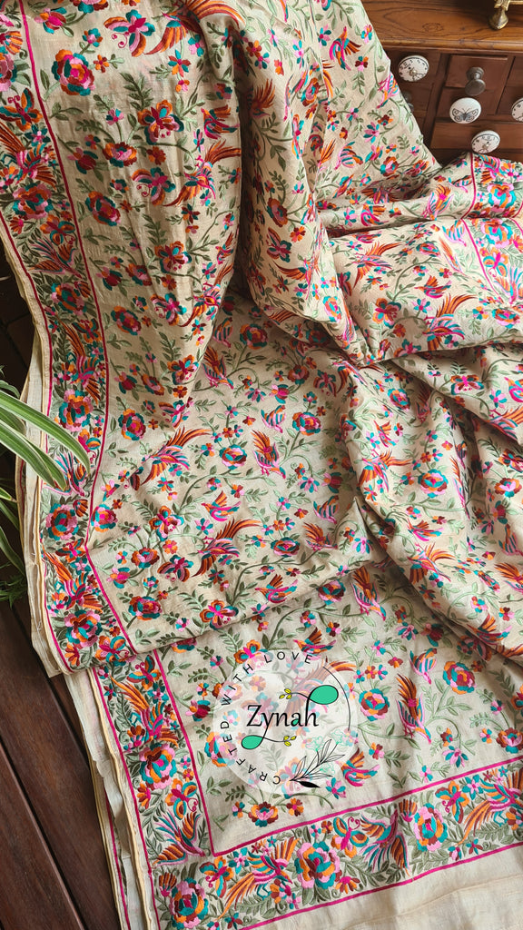 Zynah Pure Tussar Silk Parsi work Inspired Saree, Flamingo Bird Motifs; Custom Stitched/Ready-made Blouse, Fall, Petticoat; Shipping available USA, Worldwide