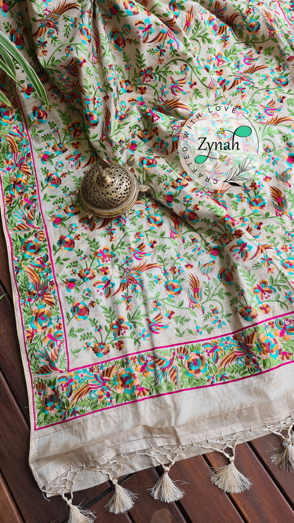 Zynah Pure Tussar Silk Parsi work Inspired Saree, Flamingo Bird Motifs; Custom Stitched/Ready-made Blouse, Fall, Petticoat; Shipping available USA, Worldwide