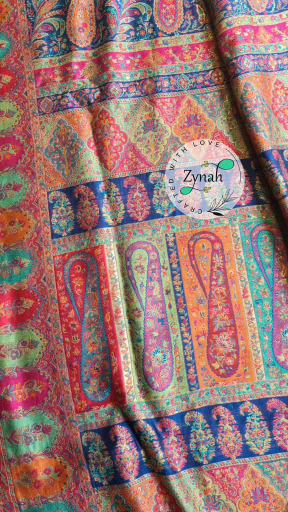Zynah Blue & Orange Kashmiri Pure Kani Silk Jamavar Saree | Kashmiri Traditional Pashmina Pure Silk Kani Saree; Custom Stitched/Ready-made Blouse, Fall, Petticoat; SKU: 2103202201