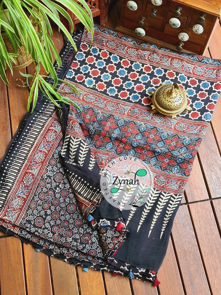 Zynah Pure Modal Silk Ajrakh Saree with Handblock Prints; Custom Stitched/Ready-made Blouse, Fall, Petticoat; Shipping available USA, Worldwide