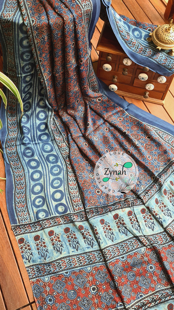 Zynah Pure Modal Silk Ajrakh Saree with Handblock Prints; Custom Stitched/Ready-made Blouse, Fall, Petticoat; Shipping available USA, Worldwide
