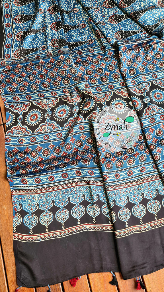 Zynah Pure Modal Silk Ajrakh Saree with Handblock Prints; Custom Stitched/Ready-made Blouse, Fall, Petticoat; Shipping available USA, Worldwide