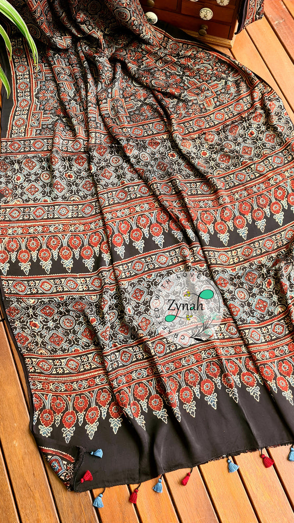 Zynah Pure Modal Silk Ajrakh Saree with Handblock Prints; Custom Stitched/Ready-made Blouse, Fall, Petticoat; Shipping available USA, Worldwide
