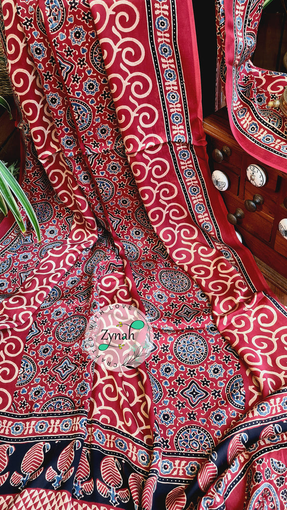Zynah Pure Modal Silk Ajrakh Saree with Handblock Prints; Custom Stitched/Ready-made Blouse, Fall, Petticoat; Shipping available USA, Worldwide
