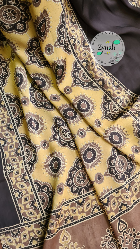 Zynah Pure Modal Silk Ajrakh Saree with Handblock Prints; Custom Stitched/Ready-made Blouse, Fall, Petticoat; Shipping available USA, Worldwide