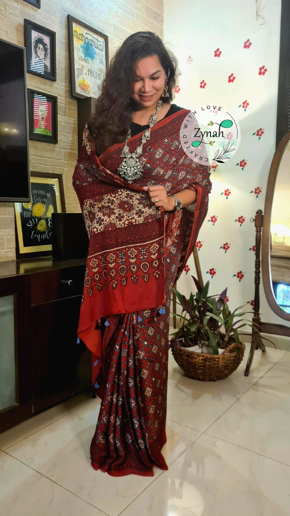 Zynah Pure Modal Silk Ajrakh Saree with Handblock Prints; Custom Stitched/Ready-made Blouse, Fall, Petticoat; Shipping available USA, Worldwide
