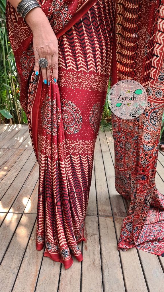Zynah Pure Modal Silk Ajrakh Saree with Handblock Prints; Custom Stitched/Ready-made Blouse, Fall, Petticoat; Shipping available USA, Worldwide