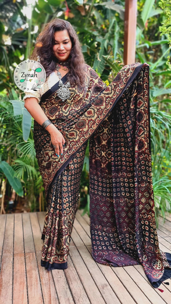 Zynah Pure Modal Silk Ajrakh Saree with Handblock Prints; Custom Stitched/Ready-made Blouse, Fall, Petticoat; Shipping available USA, Worldwide
