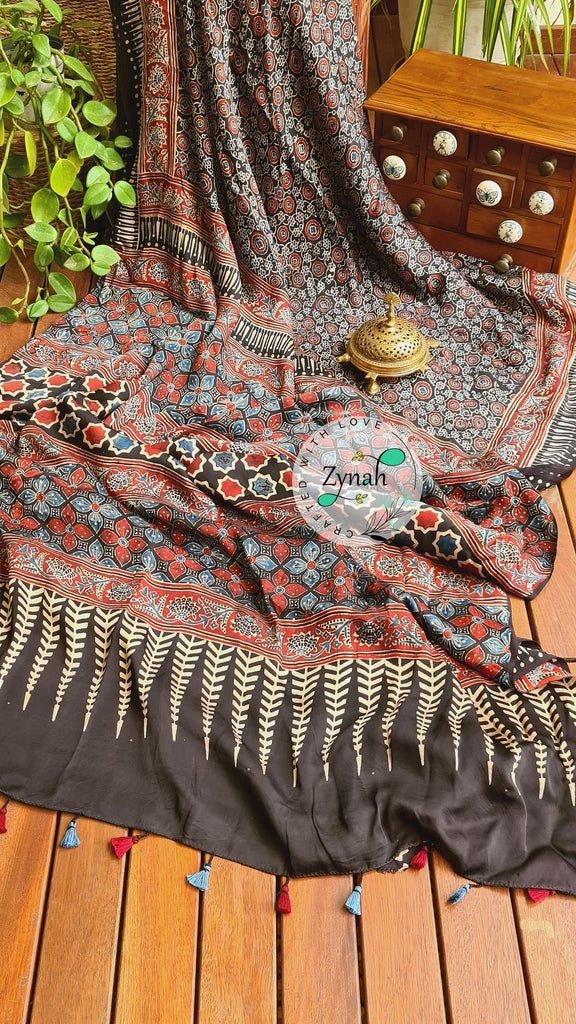 Zynah Pure Modal Silk Ajrakh Saree with Handblock Prints; Custom Stitched/Ready-made Blouse, Fall, Petticoat; Shipping available USA, Worldwide