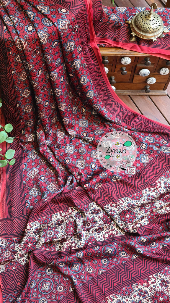 Zynah Pure Modal Silk Ajrakh Saree with Handblock Prints; Custom Stitched/Ready-made Blouse, Fall, Petticoat; Shipping available USA, Worldwide