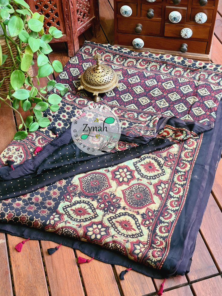 Zynah Pure Modal Silk Ajrakh Saree with Handblock Prints; Custom Stitched/Ready-made Blouse, Fall, Petticoat; Shipping available USA, Worldwide