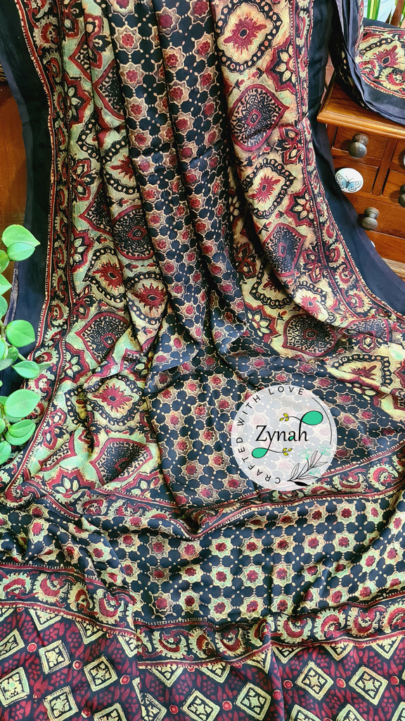 Zynah Pure Modal Silk Ajrakh Saree with Handblock Prints; Custom Stitched/Ready-made Blouse, Fall, Petticoat; Shipping available USA, Worldwide