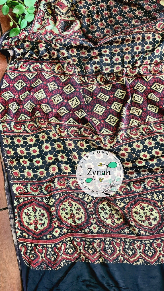 Zynah Pure Modal Silk Ajrakh Saree with Handblock Prints; Custom Stitched/Ready-made Blouse, Fall, Petticoat; Shipping available USA, Worldwide
