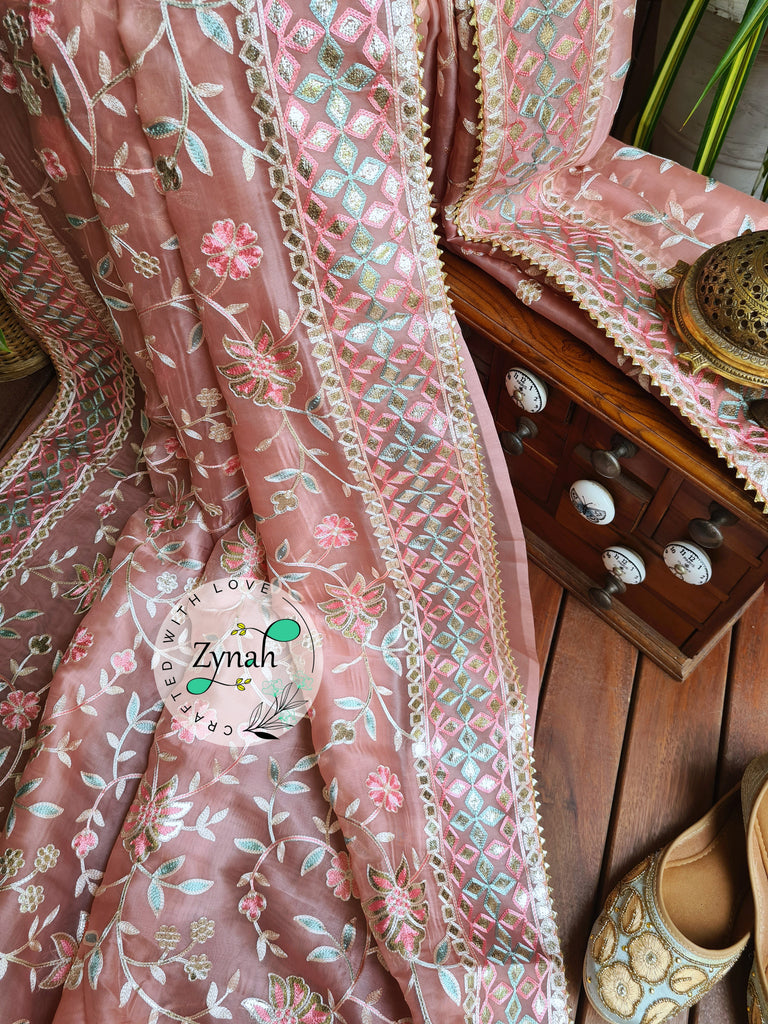 Zynah Pure Organza Silk Saree with Gotapatti Lace, Foil & Thread Embroidery Work; Custom Stitched/Ready-made Blouse, Fall, Petticoat; Shipping available USA, Worldwide