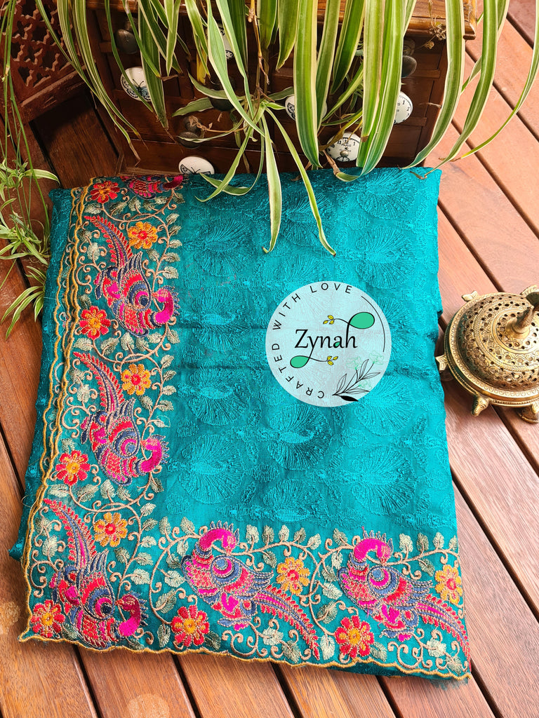 Zynah Designer Pure Kora Silk Saree with Scalloped Border & Thread Embroidery; Custom Stitched/Ready-made Blouse, Fall, Petticoat; Shipping available USA, Worldwide