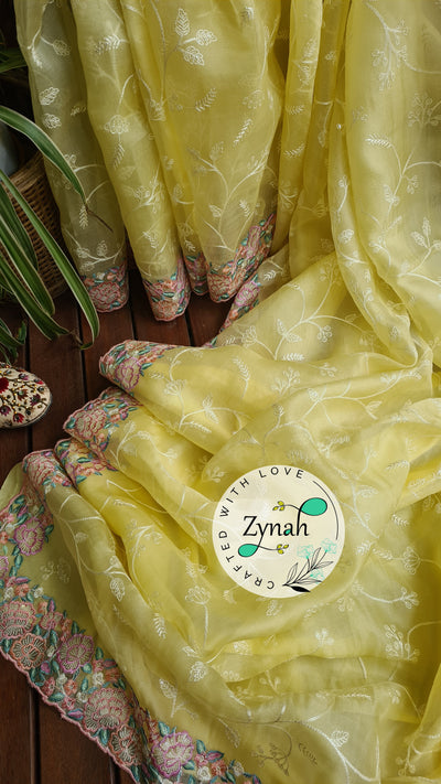 Zynah Pure Organza Silk Saree with Scalloped Border, Thread Embroidery & Sequence Work; Custom Stitched/Ready-made Blouse, Fall, Petticoat; Shipping available USA, Worldwide