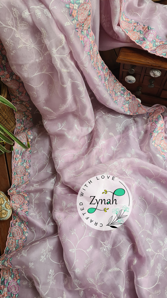 Zynah Pure Organza Silk Saree with Scalloped Border, Thread Embroidery & Sequence Work; Custom Stitched/Ready-made Blouse, Fall, Petticoat; Shipping available USA, Worldwide