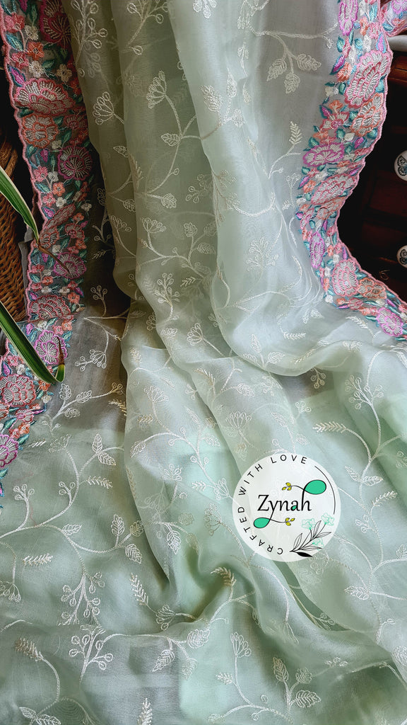 Zynah Pure Organza Silk Saree with Scalloped Border, Thread Embroidery & Sequence Work; Custom Stitched/Ready-made Blouse, Fall, Petticoat; Shipping available USA, Worldwide