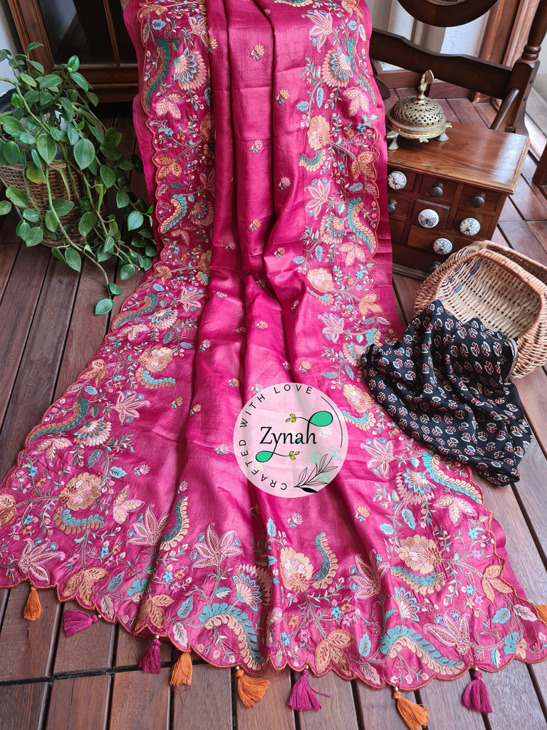 Zynah Pure Tussar Silk Embroidered Saree with Scalloped Border & 2 blouse pieces; Custom Stitched/Ready-made Blouse, Fall, Petticoat; Shipping available USA, Worldwide